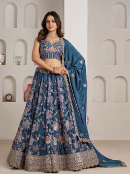 Odette - Blue Silk Blend Embellished Semi Stitched Lehenga Choli With Dupatta