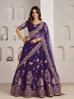 Odette - Royal Purple Silk Blend Embellished Semi Stitched Lehenga Choli With Dupatta
