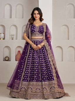Odette - Royal Purple Silk Blend Embellished Semi Stitched Lehenga Choli With Dupatta