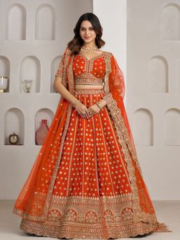 Odette - Orange Silk Blend Embellished Semi Stitched Lehenga Choli With Dupatta