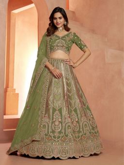 Odette - Sage Green Silk Blend Embroidered Semi Stitched Lehenga Choli With Dupatta