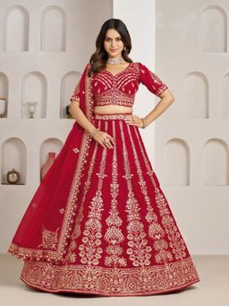 Odette - Red Silk Blend Embellished Semi Stitched Lehenga Choli With Dupatta