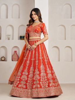 Odette - Orange Silk Blend Embellished Semi Stitched Lehenga Choli With Dupatta