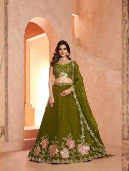 Odette - Olive Silk Blend Embellished Semi Stitched Lehenga Choli With Dupatta