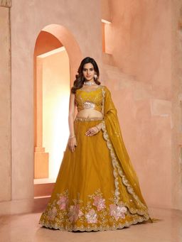 Odette - Mustard Yellow Silk Blend Embellished Semi Stitched Lehenga Choli With Dupatta