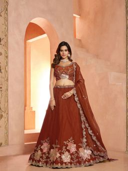 Odette - Rust Brown Silk Blend Embellished Semi Stitched Lehenga Choli With Dupatta