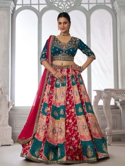Odette - Teal Blue Silk Blend Embellished Semi Stitched Lehenga Choli With Dupatta
