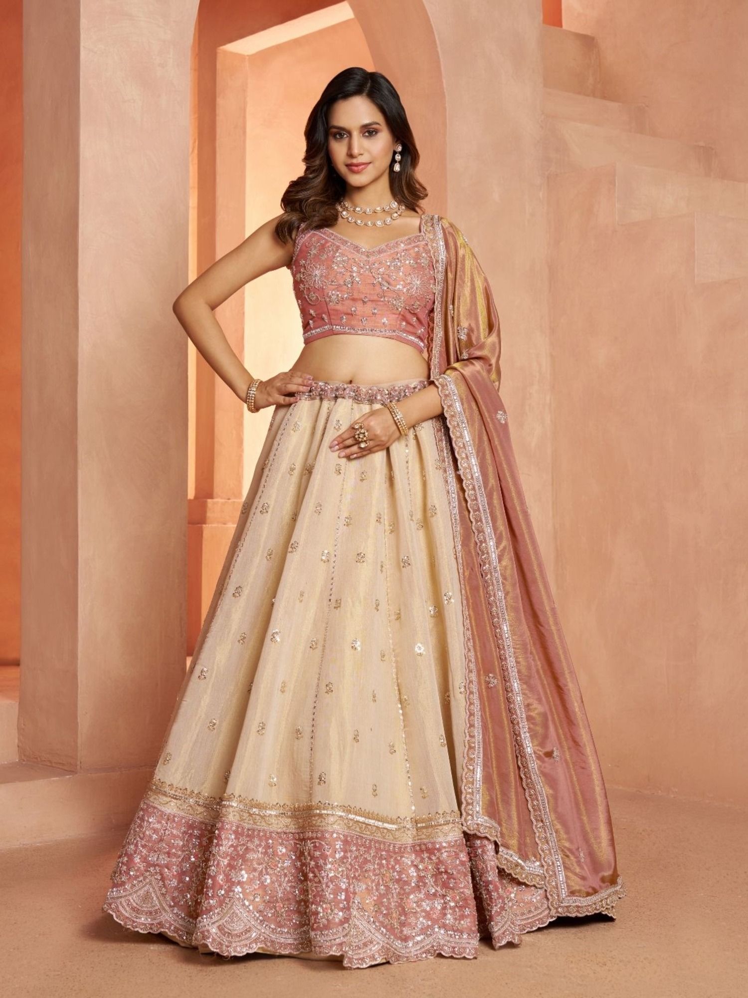 odette Cream Silk Blend Embellished Semi Stitched Lehenga Choli With Dupatta-picture-13