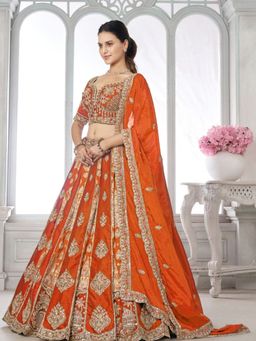 Odette - Orange Silk Blend Embellished Semi Stitched Lehenga Choli With Dupatta