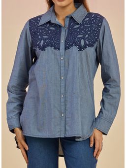 Lakshita - Blue Chambray Applique Collar Tunic