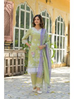 BAIRAAS - Womens Green Floral Printed Stright Kurta Pant And Dupatta