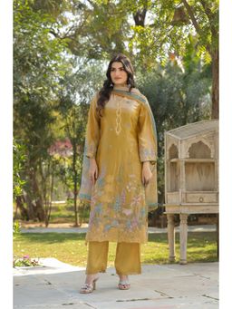 BAIRAAS - Womens Mustard Embroidered Stright Kurta Pant And Dupatta