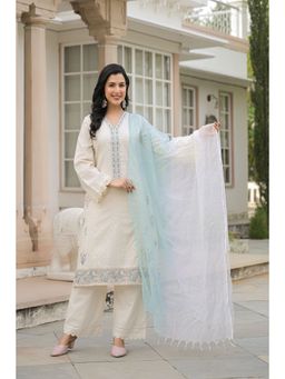 BAIRAAS - Women White Embroidered V-Neck Kurta Pant And Dupatta
