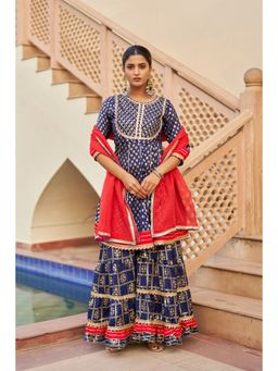 BAIRAAS - Women Blue Printed Lace Work Kurta Sharara And Dupatta