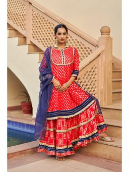 BAIRAAS - Women Red Printed Lace Work Kurta Sharara And Dupatta