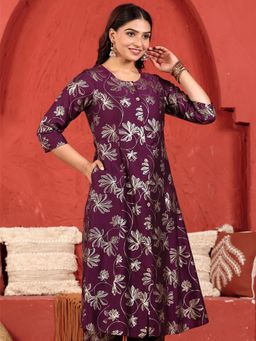 ARAMYA - Chanderi A-Line Gold Foil Print Kurta For Women
