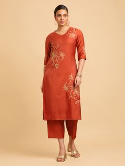 VISMAY - Brick Red Embroidery And Sequins Work Kurta And Pant