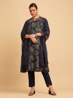 VISMAY - Navy Blue Modal Chanderi Dobby Print Kurt Pant And Dupatta