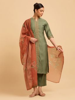 VISMAY - Green Slitted Sequins Work Kurta Pant And Dupatta