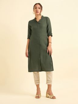 VISMAY - Olive Green Colour Linen Plain Slited Kurta And Pant