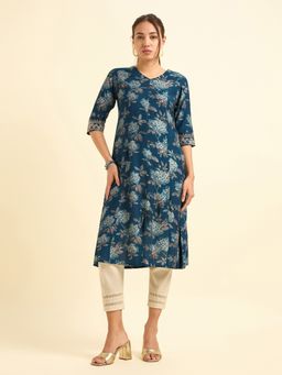 VISMAY - Navy Blue Modal Chanderi Printed Kurta And Pant