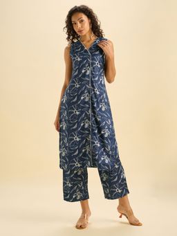 VISMAY - Navy White Cotton Printed Slitted Co-Ord Set