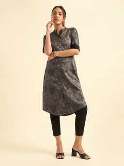 VISMAY - Grey Colour Cotton Satin Printed Slitted Kurta