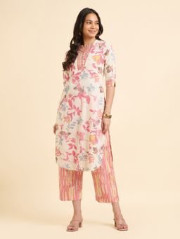 VISMAY - Ivory Cotton Flax Slub Printed Slited Kurta