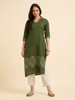 VISMAY - Green Cotton Viscose Slub Plain Slitted Kurta