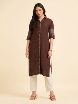 VISMAY - Coffee Brown Cotton Viscose Slub Plain Slitted Kurta