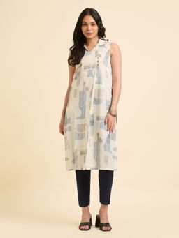 VISMAY - Ivory Cotton Flax Printed Slitted Kurta