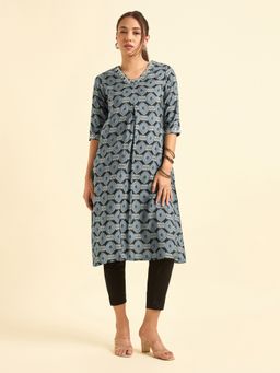VISMAY - Black Viscose Blend Printed Flared Kurta