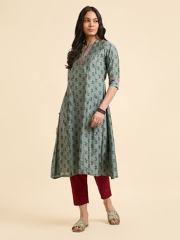 VISMAY - Sage Green Printed Flared Centre Panel Kurta