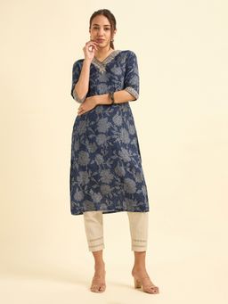 VISMAY - Navy Blue Modal Chanderi Printed Slitted Kurta