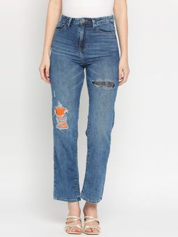 Spykar - Mid Blue Cotton Straight Fit Regular Length Jeans For Women