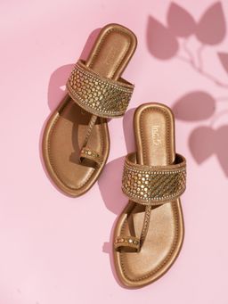 Inc.5 - Womens Golden Ethnic Embellished One Toe Flats Slip-On