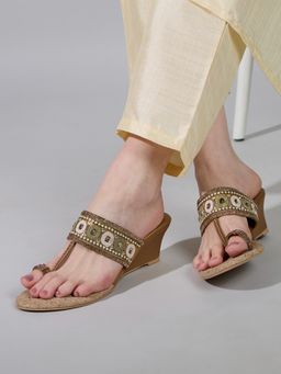 Inc.5 - Womens Golden Ethnic Wear Embellished Round Toe Wedges Heels