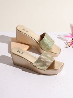 Inc.5 - Womens Golden Party Wear Solid Round Toe Wedge Heels