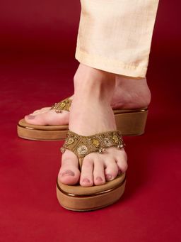 Inc.5 - Womens Golden Ethnic Embellished Round Toe Wedges Heels