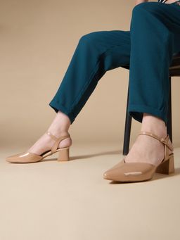 Inc.5 - Womens Beige Party Wear Solid Pointed Toe Block Sandal Heels