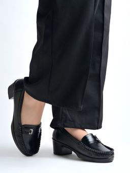 Shoetopia - Black Block-Heel Loafers For Women
