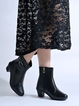 Shoetopia - Black Buckle-Accent Ankle Casual Boots For Women