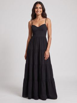 Outzidr - Black Shoulder Strap Back Bow Tiered Maxi Dress