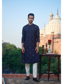 Philocaly - Aibek Slim Fit Embroidered Navy Blue Kurta