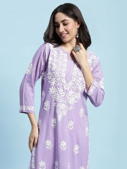 House of Chikankari - Rayon Chikankari Solid Women's Long Purple Kurta