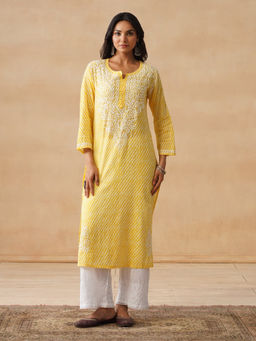 House of Chikankari - HOC Mulmul Chikankari Stripes Women's Long Yellow Kurta