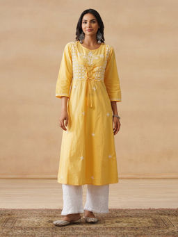 House of Chikankari - HOC Cotton Chikankari Mughal Embroidered Flared Women's Yellow Kurta