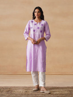 House of Chikankari - HOC Chanderi Chikankari Embroidered Straight Women's Lavender Kurta