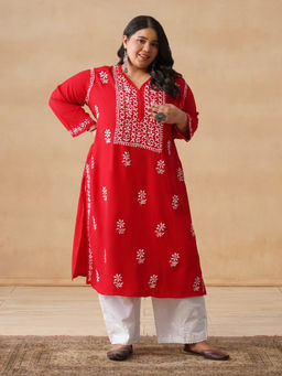 House of Chikankari - HOC Rayon Chikankari Embroidery Women's Long Red Kurta