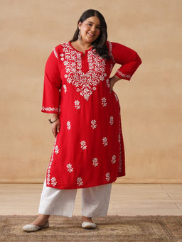 House of Chikankari - HOC Rayon Chikankari Embroidery Women's Long Red Kurta